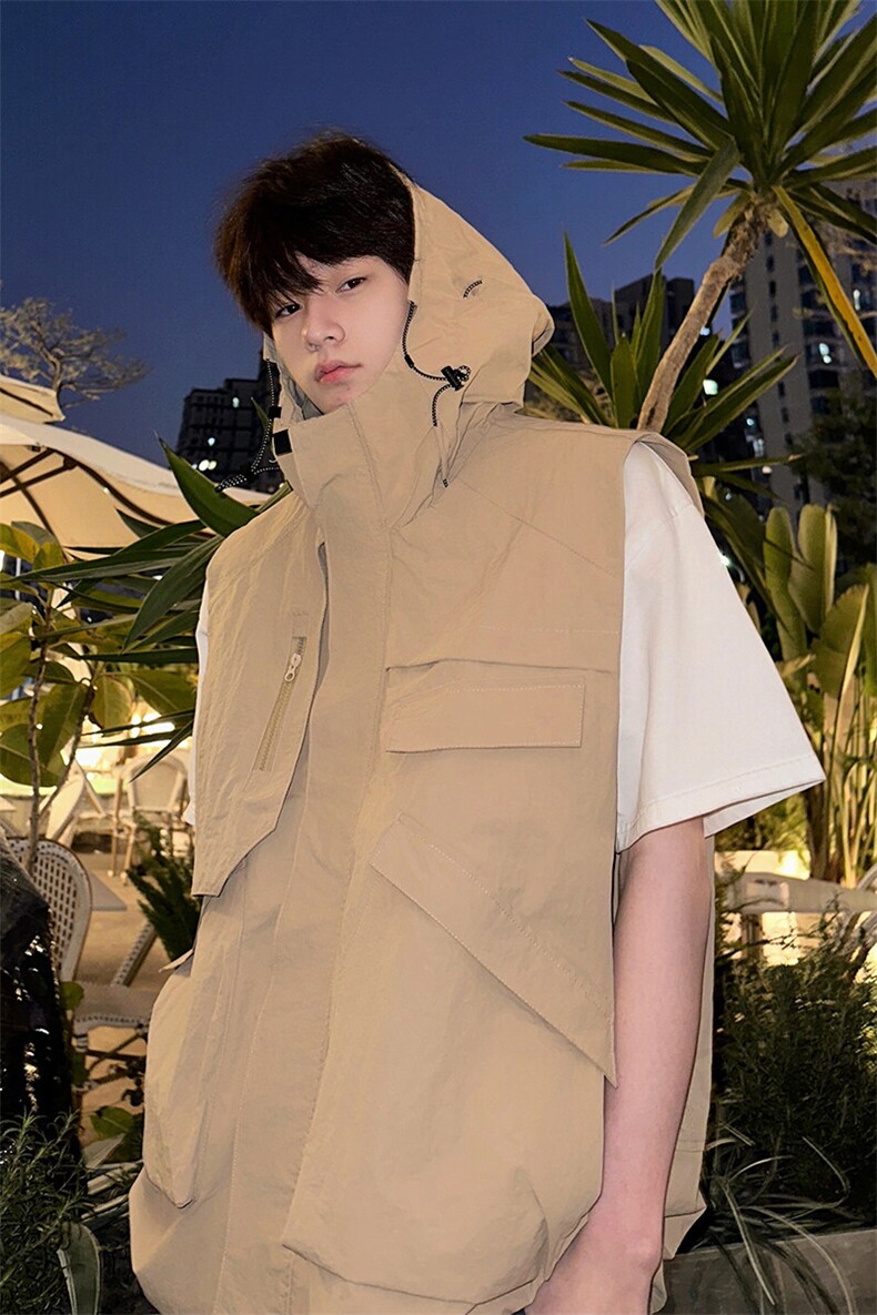 8XL-M四季工装外套街头机能口袋连帽防水无袖马甲坎肩JK1316P78,男装夹克,电商D206-1