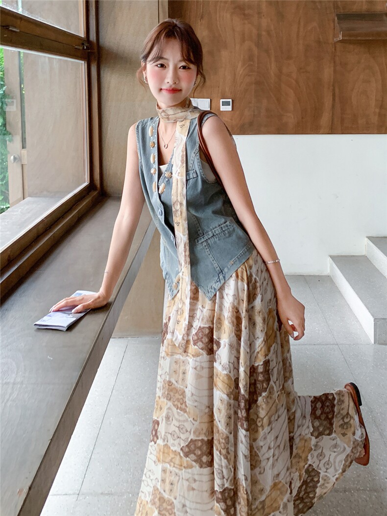 新款2240-P195-K295波西米亚钉珠牛仔马甲长裙套装,女装套装/套裙,网红馆