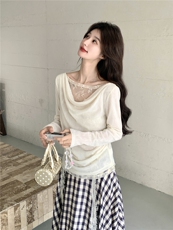 2026春季新款温柔风荡领蕾丝拼接针织衫+不规则格纹半身裙两件套，女装套装/套裙，艾米莉亚