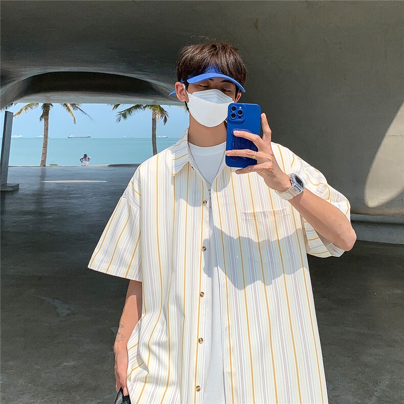 冰丝港风条纹衬衫男短袖宽松薄款休闲衬衣半袖衣服DX168P3555,男装T恤,电商B413-1