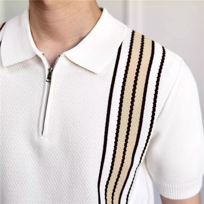夏季冰爽高级感半拉链短袖Polo衫男士菠萝格提花条纹翻领针织T恤,男装T恤,星座1210-1