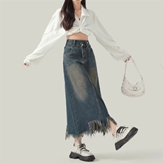 复古毛边牛仔半身裙女流苏夏季薄款大码胖mm高腰显瘦开叉a字半裙，女装半身裙，星座1210-1