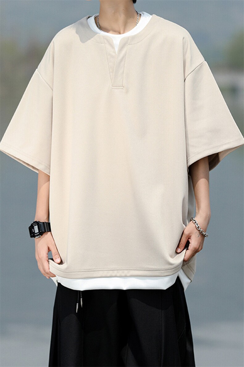8XL-M重磅斜纹假两件短袖t恤男夏季薄款宽松大码半袖体恤DT006P45,男装T恤,电商B312