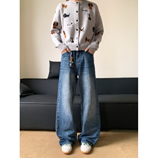 美式复古设计星星字母刺绣牛仔裤高级感百搭宽松直筒拖地长裤男，女装牛仔裤，星座218-8