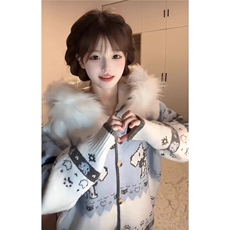 甜美减龄氛围感小狗提花针织开衫韩系毛领连帽费尔岛毛衣外套25冬，男装针织衫/毛衣，星座1210-1