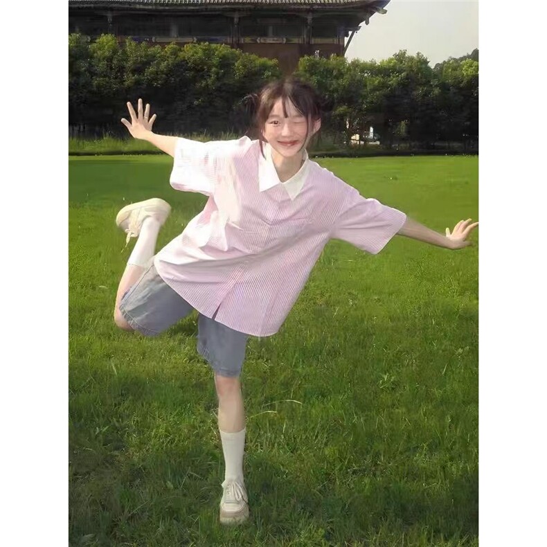 日系复古拼接粉色条纹短袖衬衫女学院风宽松百搭设计感小众衬衣潮,男装衬衫,星座1210-1