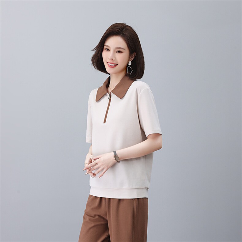 2023年夏季夏季方领拼接短袖薄款T恤上衣,女装T恤,依倍林