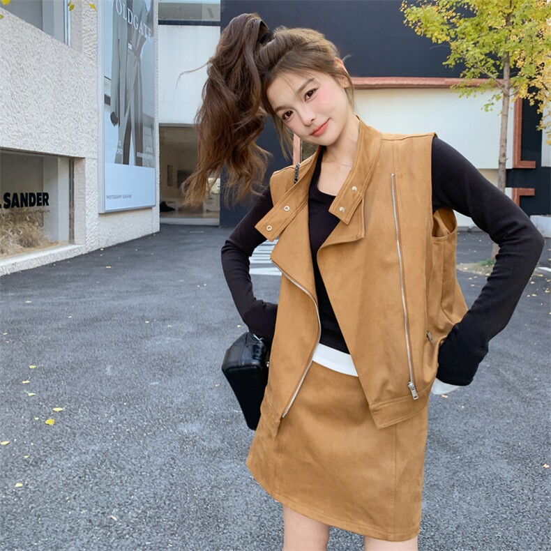 甜酷风时尚麂皮绒马甲短裙套装女2025秋季新款复古小个子两件套潮,女装套装/套裙,2C058