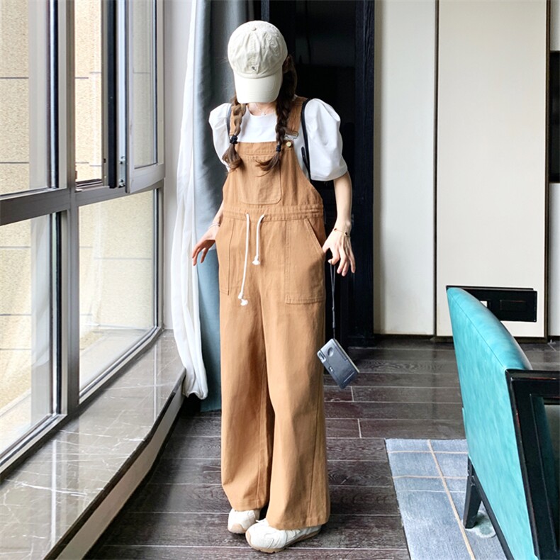 【春款】卡其色抽绳收腰背带裤C158-8632-P120-K178,女装休闲裤,2C158