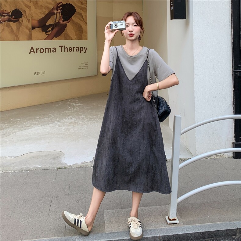 韩系简约休闲海边度假风超好看假两件连衣裙女夏季新款气质长裙,女装连衣裙,2C283