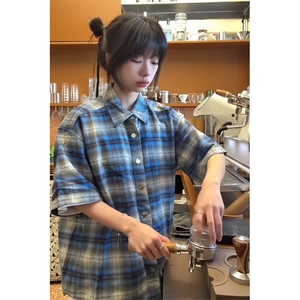 网图 蓝色格纹衬衫款短袖夏季设计格子衬衣cleanfit外套FC352-P38图片