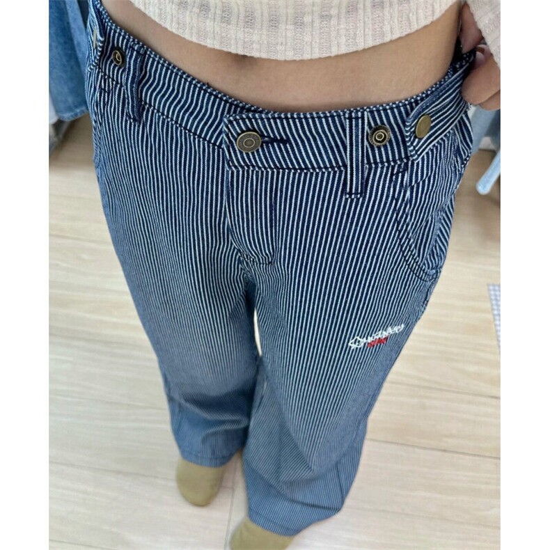 竖条纹宽松牛仔裤男女2025美式休闲复古刺绣显瘦直筒阔腿裤,男装牛仔裤,星座601-1