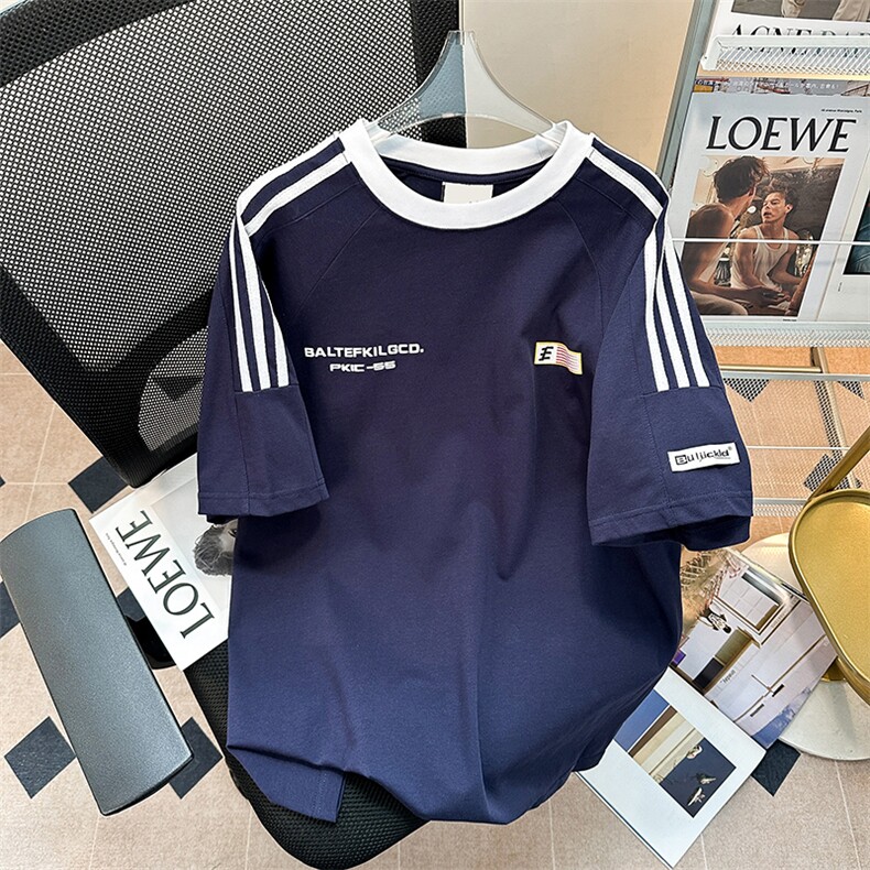 C320-P37美式复古织带条纹短袖t恤2024夏季潮情侣宽松上衣现货,男装T恤,星座512-6