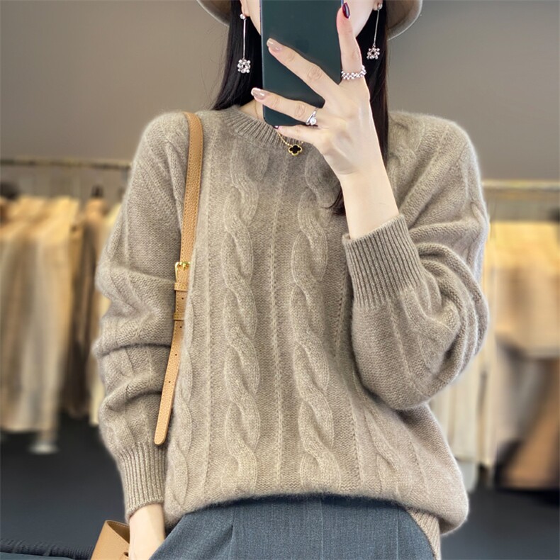 23秋冬新款100%纯羊毛衫女圆领麻花加厚毛衣宽松长袖羊绒衫打底衫,女装羊毛衫,大美人包芯纱店