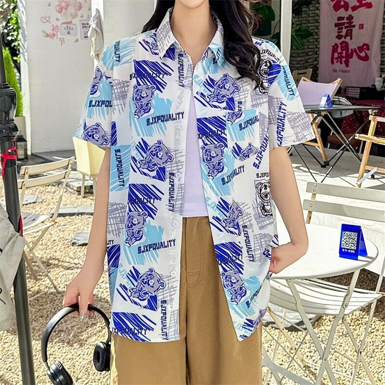 海边度假风短袖花衬衫女夏威夷ins超仙沙滩衬衣复古港风宽松上衣,男装衬衫,星座506