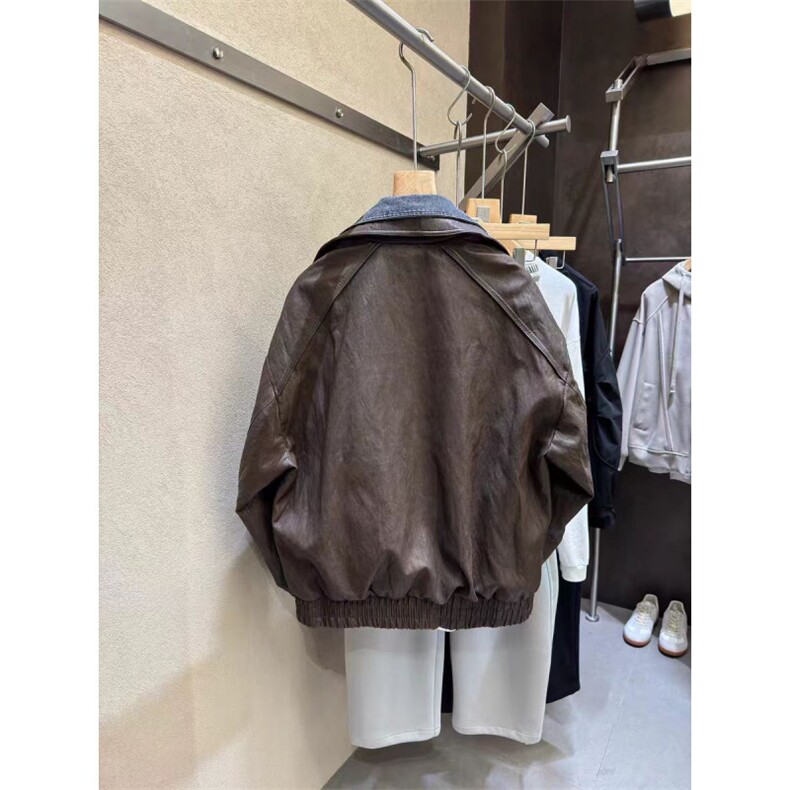 (网图)牛仔假两件拼接高级皮衣外套复古飞行员上衣313B-9918-P160,男装皮衣,星座313B