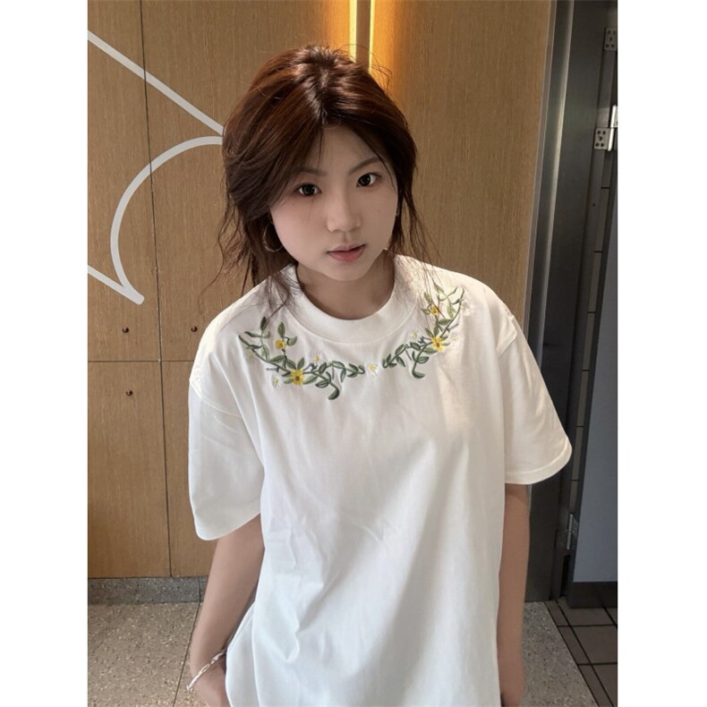 H0980-P35推荐内里铺布+前片绣花宽松休闲短袖T恤男女同款图片