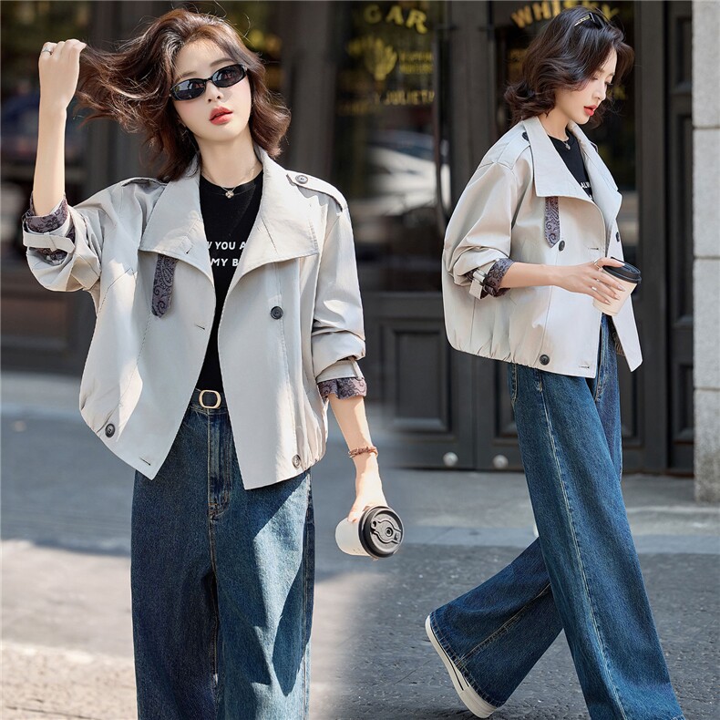 2025秋装新款提花拼接时尚宽松短款风衣外套，女装短外套，深水步