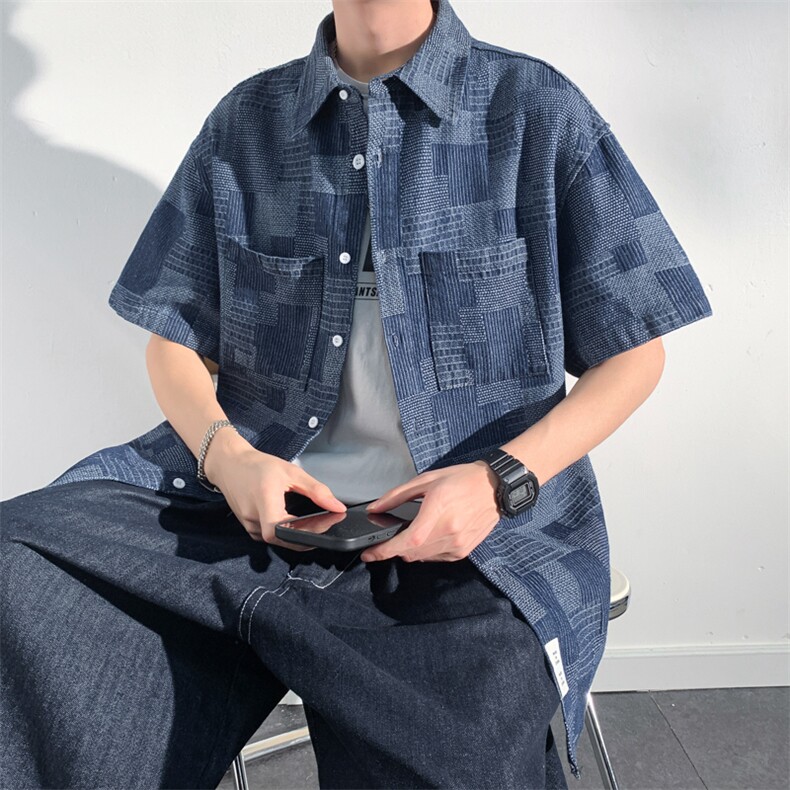 2024夏季格子大码宽松牛仔衬衫复古短袖衬衣外套CS011-P50,男装衬衫,电商A042