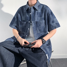 2024夏季格子大码宽松牛仔衬衫复古短袖衬衣外套CS011-P50，男装衬衫，电商A042