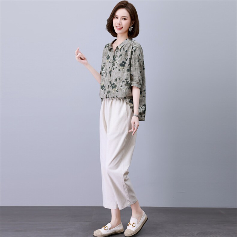 时尚印花棉麻休闲套装女宽松显瘦气质两件套,女装套装/套裙,依恋蒂丝