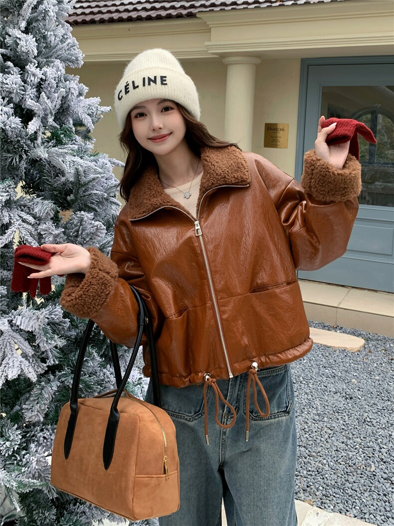 港风咖色皮毛一体短款羊羔毛皮衣外套女冬2025新款酷飒风机车棉服,女装短外套,慧尚2-185