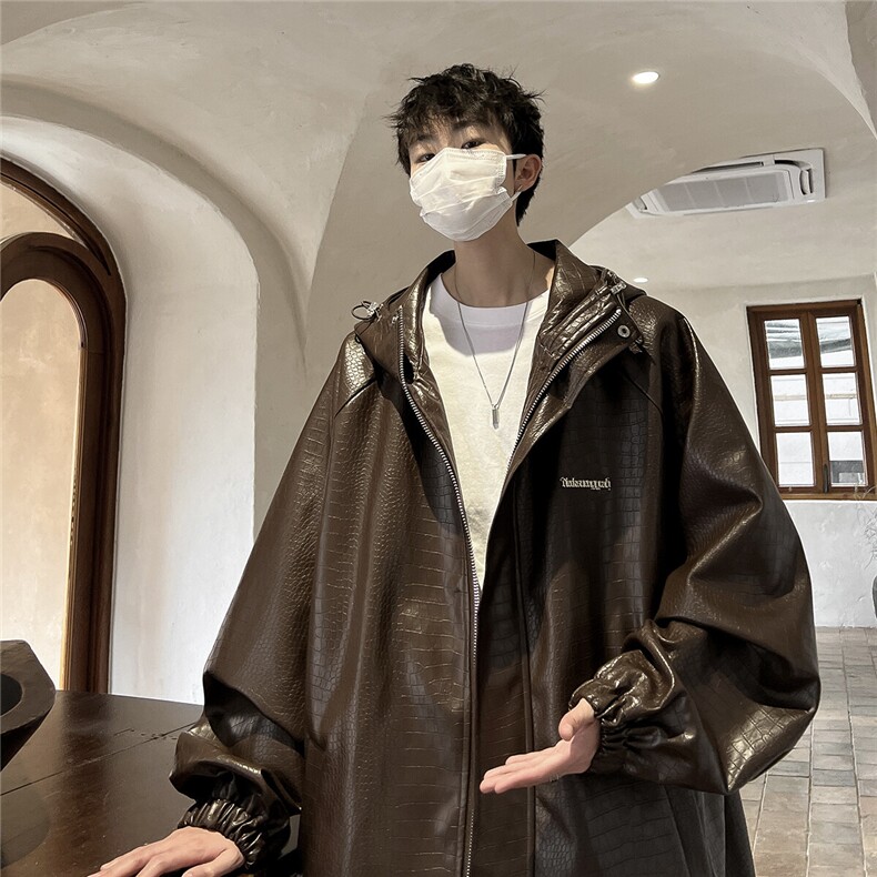 港风连帽鳄鱼纹PU皮衣大码情侣休闲冲锋衣夹克男JK8744P90控128图片