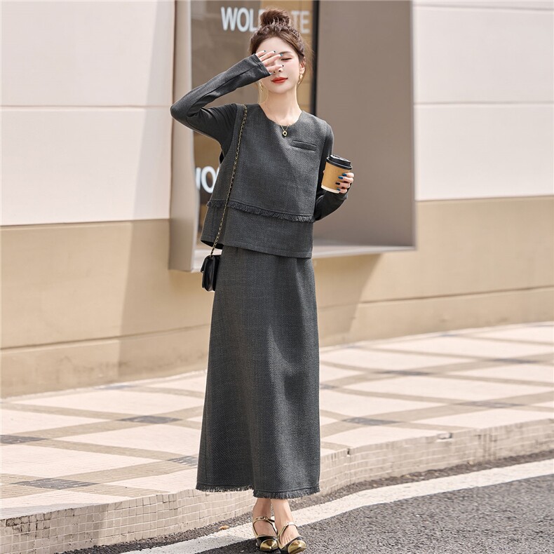 灰色休闲时尚套装裙女2025秋季新款法式今年流行马甲半身裙两件套,女装套装/套裙,丽影随形