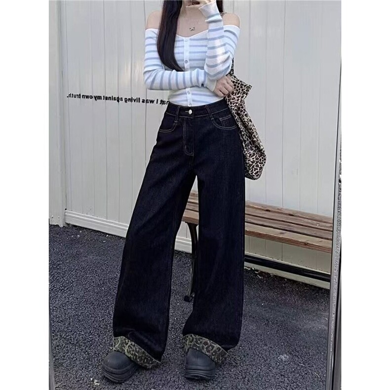慵懒松弛感豹纹拼接卷边牛仔裤男女新款高腰直筒拖地阔腿裤 NK117图片