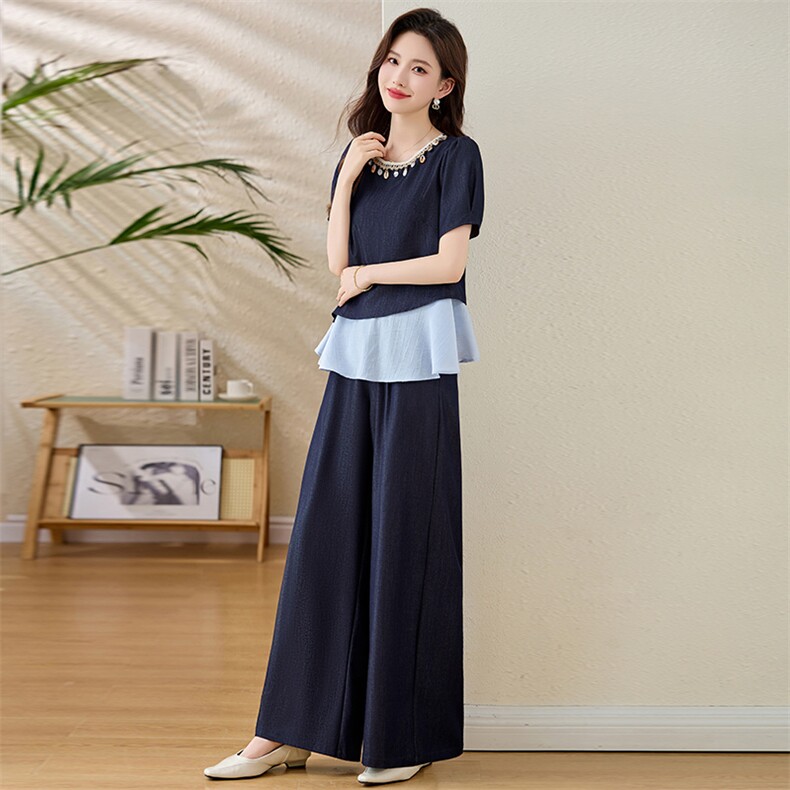 设计感时尚休闲套装女2025夏新款亮片假两件拼接上衣阔腿裤两件套,女装套装/套裙,伊航服饰