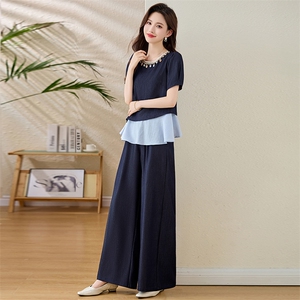 设计感时尚休闲套装女2025夏新款亮片假两件拼接上衣阔腿裤两件套图片