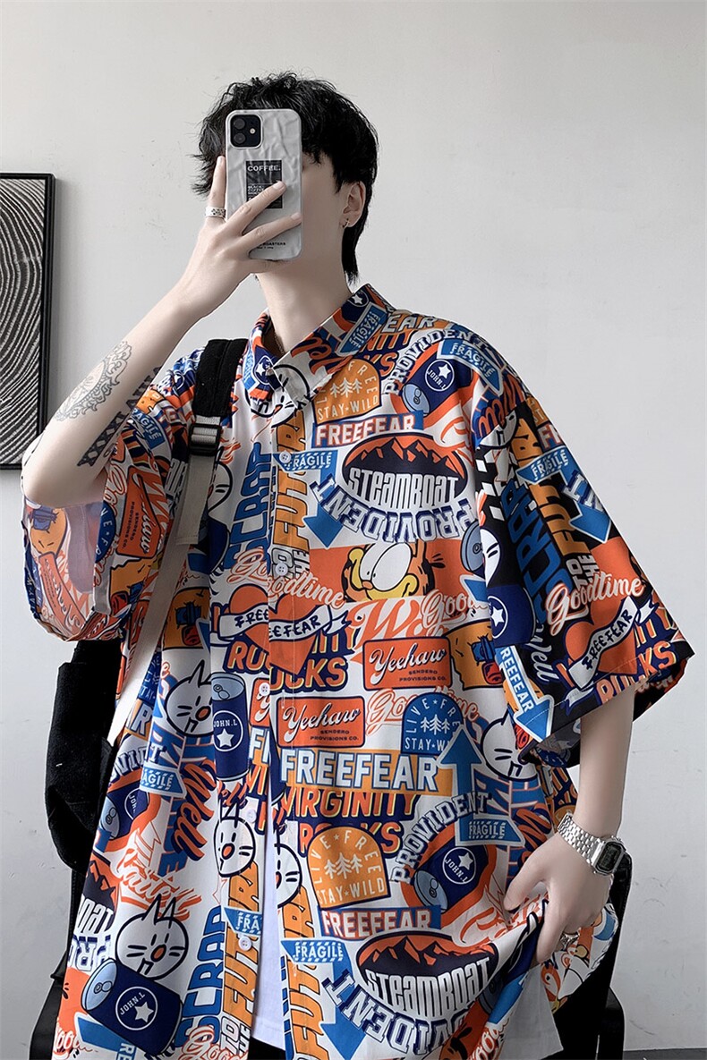 夏季冰丝新款男士宽松港风卡通满印短袖T恤衬衫A071-C33-P38,男装T恤,电商A071