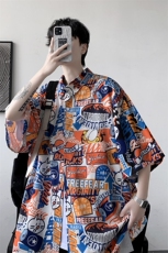 夏季冰丝新款男士宽松港风卡通满印短袖T恤衬衫A071-C33-P38，男装T恤，电商A071