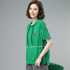 【货源稳定常年不下架】2026夏装新款刺绣连帽短袖T恤女纯色B617，女装T恤，板酷