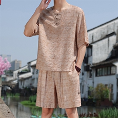 2025夏季新款男装风冰丝竹叶印花盘扣套装短袖+短裤A105-P80，男装休闲套装，电商B277(原6028)