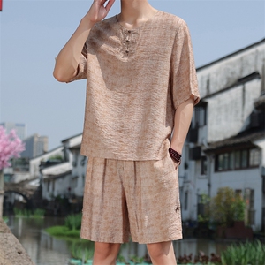 2025夏季新款男装风冰丝竹叶印花盘扣套装短袖+短裤 A105-P80图片