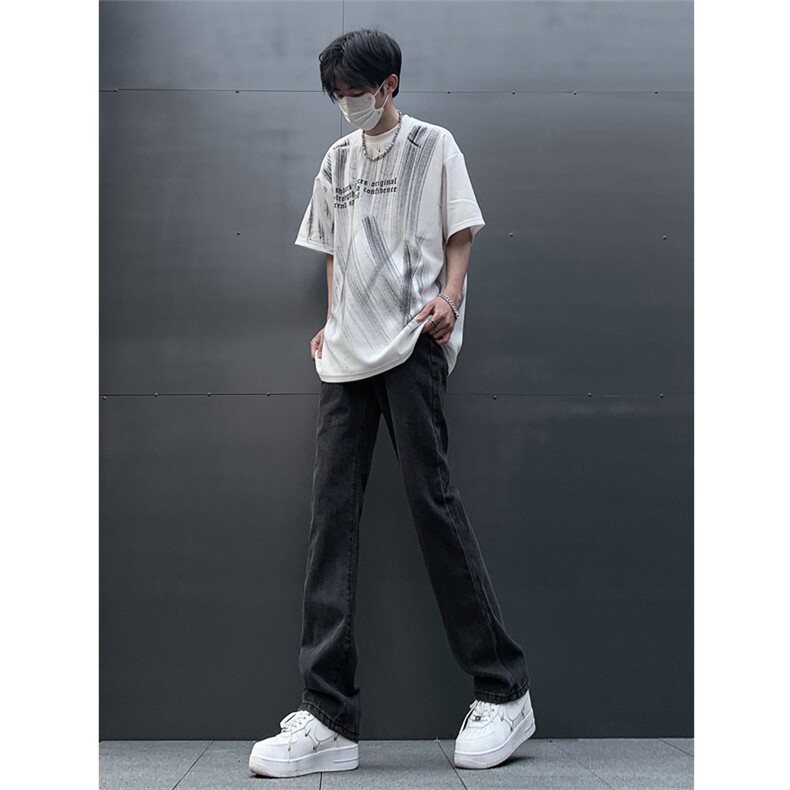 春夏主推大码黑色毛边破洞微喇牛仔裤直筒裤K10-P50,男装牛仔裤,星座205