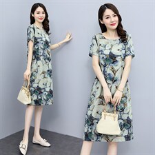 棉麻碎花连衣裙女2026新款夏薄款短袖中长款宽松遮肚显瘦亚麻裙子，女装连衣裙，倪叶myz