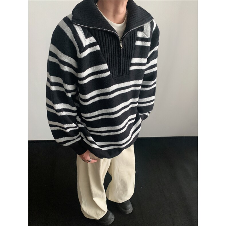 立领半拉链条纹毛衣男款秋冬季潮宽松休闲针织毛线衣M6005-特P50,男装针织衫/毛衣,电商A006