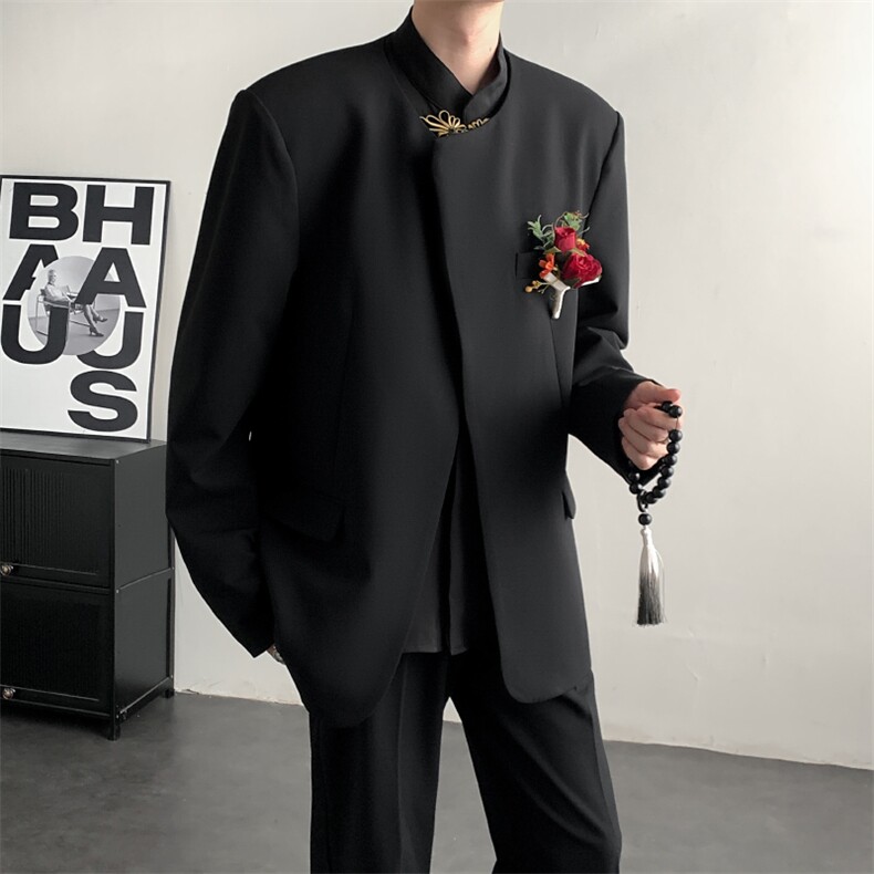 2025新中式中山装无领休闲西服结婚礼服结婚登记休闲西装新郎礼服,男装西服套装,星座909