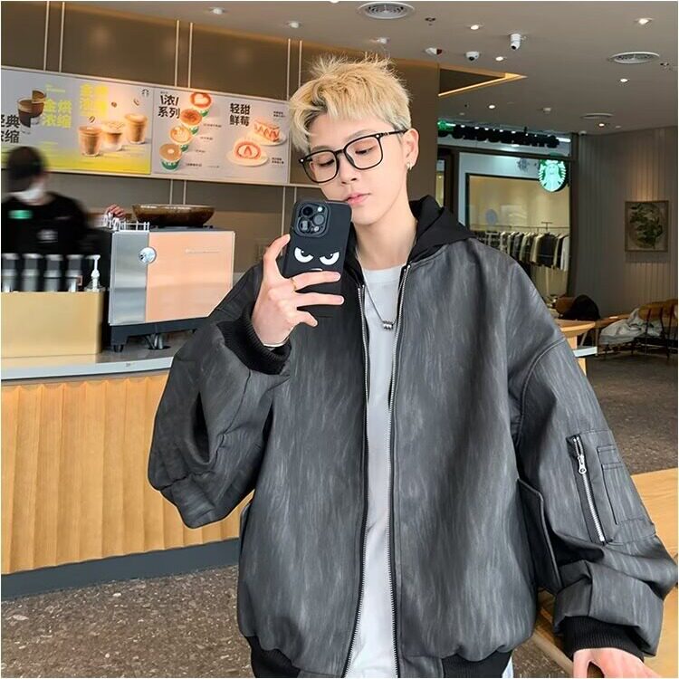 JK8539-P772025新款重磅设计假两件连帽皮衣外套男美式复古工装,男装皮衣,电商B323A