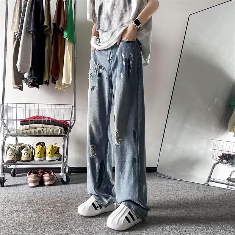 ins嘻哈街头水洗涂鸦直筒刮烂破洞牛仔裤男女宽松夏季T88500-p45图片