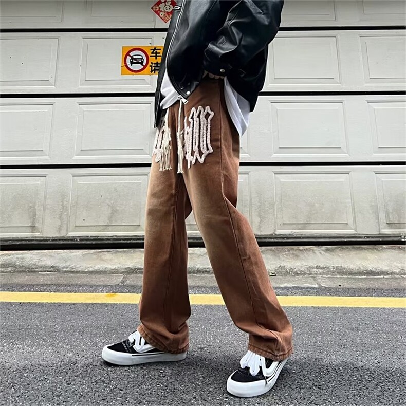 美式复古牛仔裤男高街潮棕色刺绣宽松直筒垂感阔腿裤NK288-P48,男装牛仔裤,星座1001-1