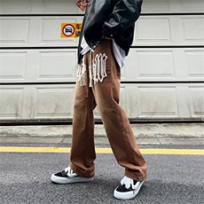 美式复古牛仔裤男高街潮棕色刺绣宽松直筒垂感阔腿裤NK288-P48，男装牛仔裤，星座1001-1