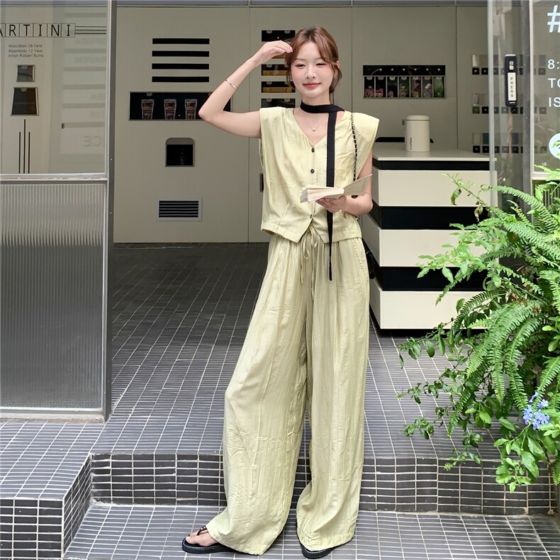 设计感韩系v领马甲高腰阔腿裤套装女2025夏季新款气质显瘦两件套图片