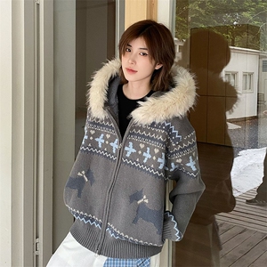 重磅北极绒座山雕毛衣外套冬美式复古休闲慵懒风大毛毛领针织开衫图片