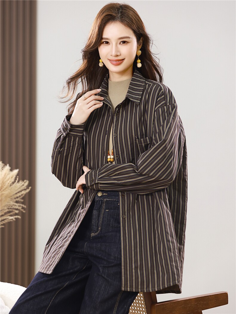 2025秋冬新款条纹加棉衬衫外套厚款,女装衬衫,小林双子