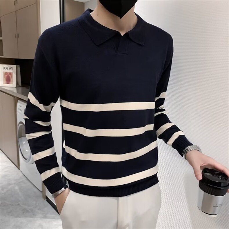 条纹翻领毛衣男舒适外穿版撞色针织衫休闲时尚微阔上衣S528-P48,男装针织衫/毛衣,星座1109-3