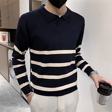 条纹翻领毛衣男舒适外穿版撞色针织衫休闲时尚微阔上衣S528-P48，男装针织衫/毛衣，星座1109-3