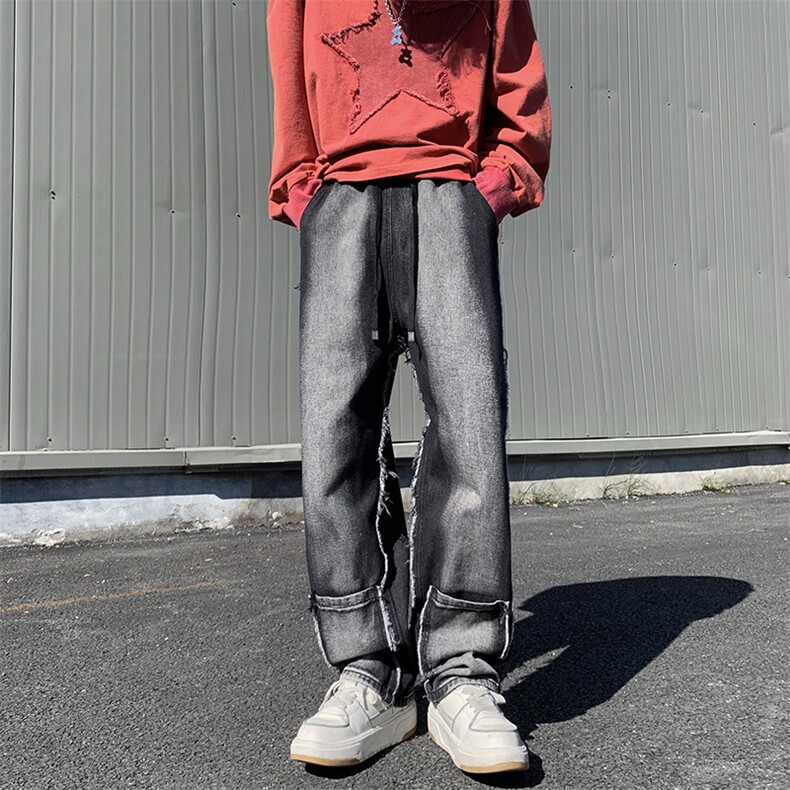 美式潮牌毛边工装牛仔裤男秋冬小众设计感宽松直筒长裤K7574-P48,男装牛仔裤,星座512-3